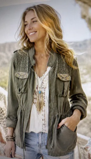 Miss Me Jacket Army Green Dune Drawcord Cotton Embroidered Fairy Grunge Large thumbnail 1