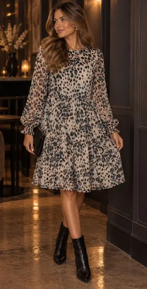 LOFT Leopard Print Metallic Chiffon Tiered Mini Dress Puff Sleeve NWT M thumbnail 1