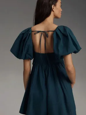 Pilcro by Anthropologie Teal Green Puff-Sleeve 3" Babydoll Romper - Size - XL thumbnail 3