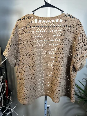 N73. Open-Front Crochet Knit Sweater Cardigan - Tan- 100% Cotton thumbnail 3