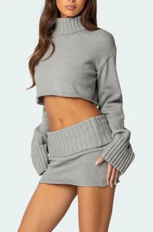 Edikted Gino Fold Over Knit Gray Mini Skirt thumbnail 1