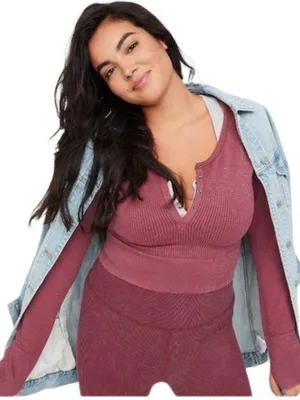 Aerie Offline Main Squeeze Cropped Waffle Knit Henley XL thumbnail 1