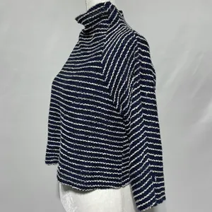 ZARA Striped Textured Mock Neck 3/4 Sleeve Sweater Top Navy White Size Medium thumbnail 6