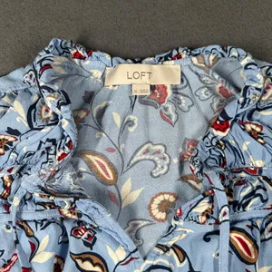 LOFT Womens M Light Blue‎ Paisley Ruched Ruffle Tie Neck Top Blouse Lightweight thumbnail 5