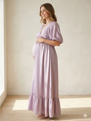 Vanilla Bay maternity long lilac V-neck pleated dress, size S thumbnail 3