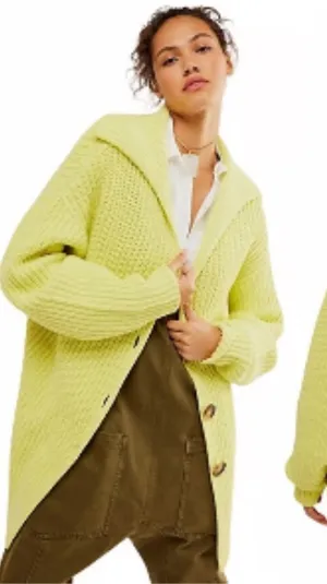 Free People Knit Sweater Neon Yellow Cardigan Swim Too Deep Cardi Oversized XS thumbnail 1