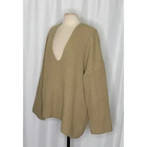 Revolve WEWOREWHAT‎ Solid V Neck Sweater Solid Tan Oat Oversized Knitwear M/L thumbnail 6