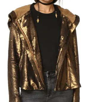 Free People Women's Terracotta Fully Sequin Hooded Jacket Glam Bronze Size XS thumbnail 1
