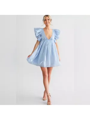 Storia Deep V-Neck Sheen Mini Dress in Sky Blue Size Medium NWT thumbnail 2