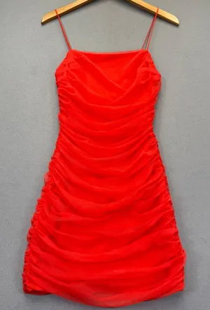 Alice + Olivia Red Ruched Mesh Mini Dress Spaghetti Strap Size‎ 6 Bodycon Zipper thumbnail 1