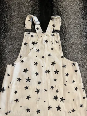 Womens small Storia White denim black star print pinafore/overall dress thumbnail 10