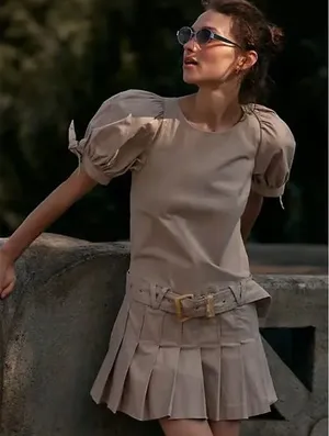 FREE PEOPLE NWOT Sevi Mini‎ Dress Belted Pleated Puff Sleeve Size Large thumbnail 1
