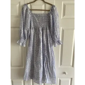 o.p.t. Floral Smocked Midi Dress‎ Womens Size S Blue White Puff Sleeve Toile thumbnail 2