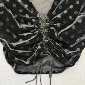 For Love & Lemons Black Velvet Polka Dot Ruched Lace Up Crop‎ Top CT1539-HO19 S thumbnail 2