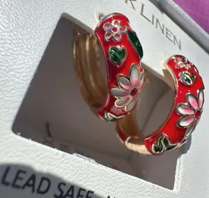 Pink linen round hoop clip earring gold tone red flower loop LEAD SAFE gift box🎁 thumbnail 10