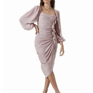 ASTR the Label Athens Ruched Puff Sleeve Shimmer Midi Dress Pink S thumbnail 3