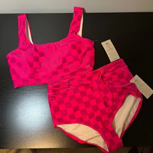 Albion Fit Magenta Check Olivia Swim Crop Belted Bottom Two Piece Set Medium NWT thumbnail 2