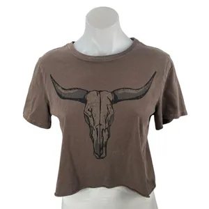 Vinyl Icons Women's Brown Graphic Short Sleeve Crew Neck Crop Tee T-Shirt Top M thumbnail 1
