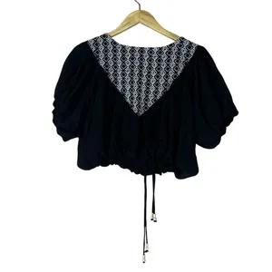 Life Embroidered Geometric Peasant Crop Top Black Boho Puff Sleeve Size L thumbnail 4
