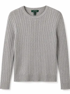 Lauren Ralph Lauren Silver Metallic Cable Knit Sweater Women XL Crew Neck thumbnail 2