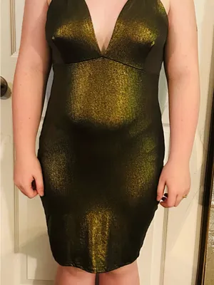 Shimmery Olive Green Bodycon V-Neck Dress thumbnail 1