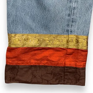 Vintage 90s Levi’s 501 Jeans Custom Brown Boho Stripe Hem USA Made Festival Wear thumbnail 4