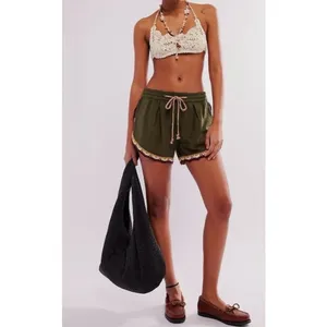 Free People Coastal Cruise Olive Green Crochet Trim Boho Pull On Shorts S/M NWT thumbnail 3