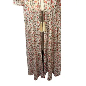 Pink Lily Floral Maxi Duster Women Small Ivory Tassel Boho Resort Cover Up Sheer thumbnail 5