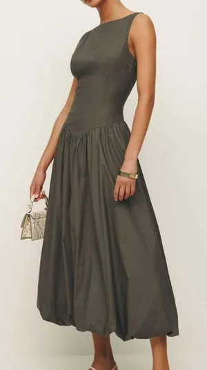 Reformation | NWT Elvira Open Back Bubble Hem Midi Dress Morel Brown | Size 6 thumbnail 1