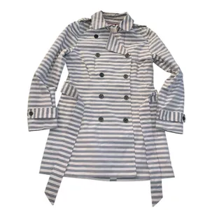 Banana Republic Trench Coat‎ Women S Gray White Stripe Belted Preppy Nautical thumbnail 3