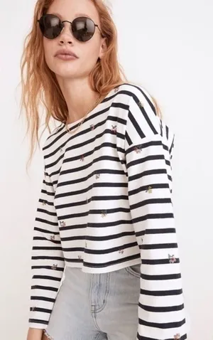Madewell Shirt Striped Embroidered Floral Cropped Bell Sleeve Tee Stripe Coastal thumbnail 1