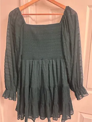 Altar’d State Green Smocked Tiered Dress Sheer Long Sleeve Shimmer Boho S thumbnail 7