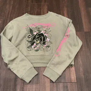 Ed Hardy Panther Graphic Cropped Sweatshirt Olive Green Pink Tattoo Size L thumbnail 1