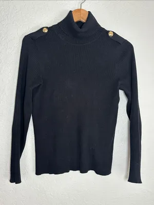 Ralph Lauren Black Ribbed Turtleneck Sweater Gold Buttons Epaulettes Preppy thumbnail 1