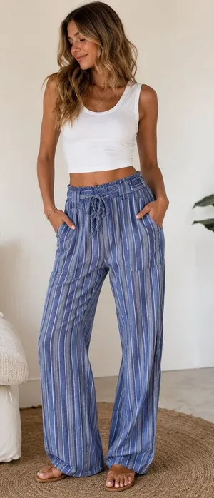 Pull-On Wide Leg Minimalist ResortWear Striped Blue White 100% Cotton Pants Sz S thumbnail 1