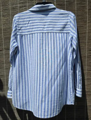 Nicole Miller Blue and White Striped Linem Blend Button-Up Shirt Small thumbnail 7