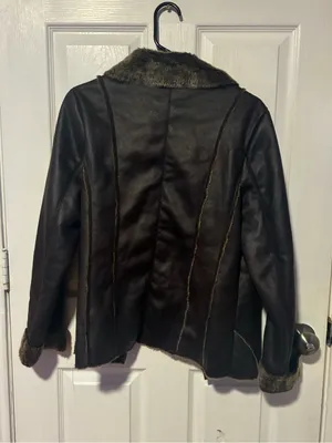 Style & Co. Dark Brown Faux-Leather Jacket with Faux-Shearling Trim thumbnail 3