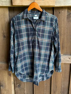 Loft Blue and Metallic Gold Plaid Softened Shirt thumbnail 1