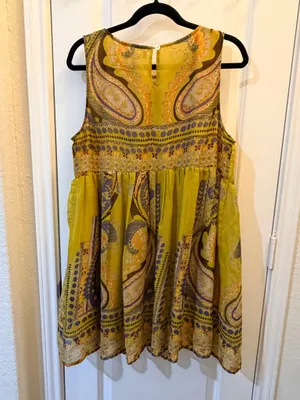 Altar’d State Paisley Boho Babydoll Dress Large Sleeveless Chartreuse Festival thumbnail 3