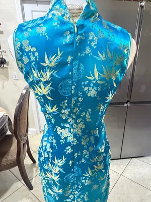 Women's Blue Satin Look Cheong-sam Qipao Dress Size S Polyester thumbnail 1