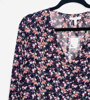 Maurices Blouse Black Pink Ditsy Floral V-neck Button Front NWT thumbnail 3