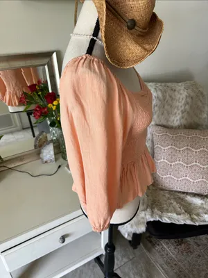 Japna peach smocked peasant, Boho cottage, balloon 3/4 sleeve top M thumbnail 4
