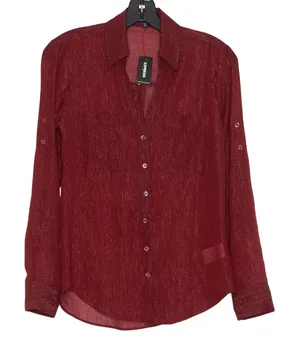 NWT Express Top Button Up Sheer Metallic Lightweight Long Sleeve Holiday Red XS thumbnail 1
