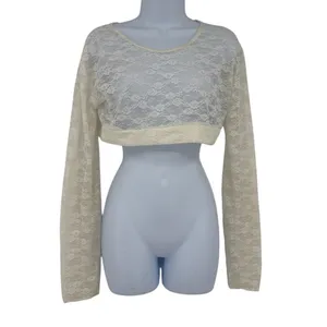Y2K Sheer Lace Crop Top Sz XL Cream Festival Coquette Long Sleeve Fairy Grunge thumbnail 2