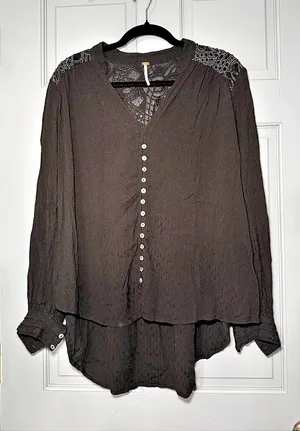 Free People Black Lace Yoke Blouse thumbnail 1