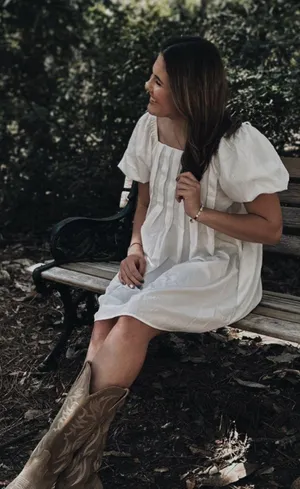 White Puff Sleeved Pleated Square Neck Dress thumbnail 1