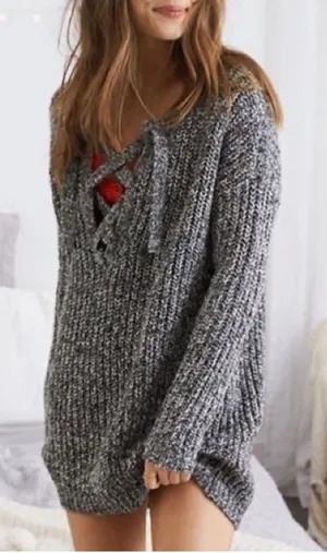 NWT Aerie Oversized Lace Up Grey Sweater thumbnail 1