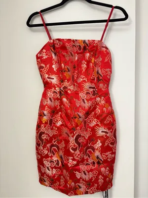 NWT PrettyLittleThing Red oriental Dragon-Print bodycon dress thumbnail 2