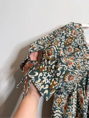 DR2 Boho Peasant Blouse Womens Large Green Floral Puff Sleeve Cotton Shirt thumbnail 3