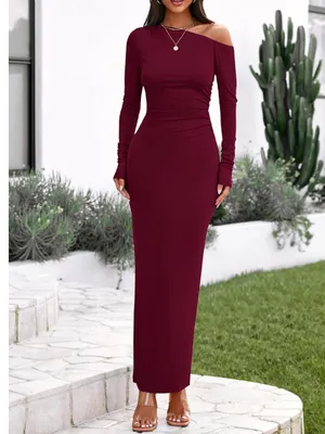 Asymmetrical Off-Shoulder Maxi Dress in Wine thumbnail 3